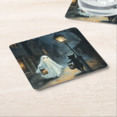 ハロウィン幽霊と猫との出会い スクエアペーパーコースター (アングル)