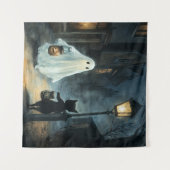 ハロウィン幽霊と猫との出会い タペストリー (正面(横))