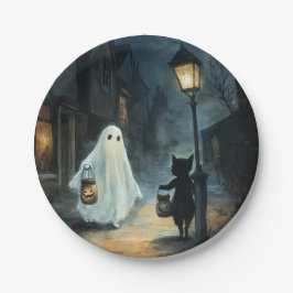 ハロウィン幽霊と猫との出会い ペーパープレート