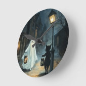 ハロウィン幽霊と猫との出会い ラウンド壁時計 (傾斜)