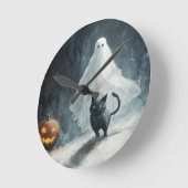 ハロウィン幽霊と黒猫 ラウンド壁時計 (傾斜)