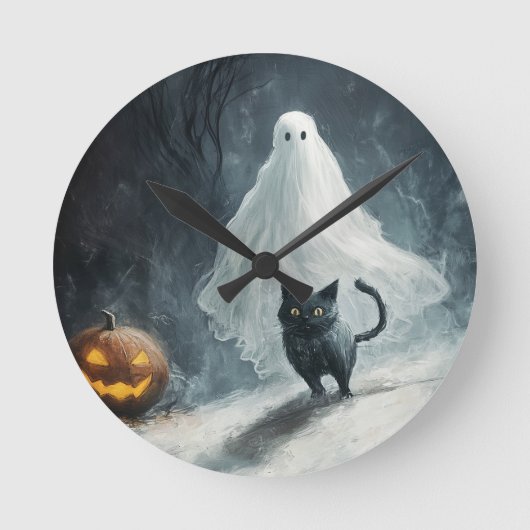 ハロウィン幽霊と黒猫 ラウンド壁時計 (正面)