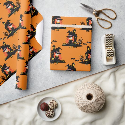 ハロウィン幽霊のよく出るウィッチハウスオレンジ ラッピングペーパー (クラフト)