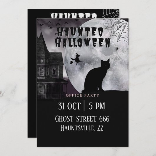 ハロウィン幽霊のよく出るオフィスパーティー黒猫 招待状 (正面/裏面)