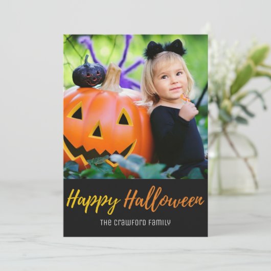 ハロウィン幽霊のよく出るカボチャの木の家族のフォトカード カード (スタンド正面)