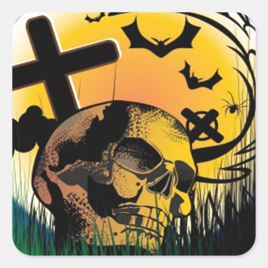 ハロウィン幽霊のよく出るシーン スクエアシール (正面)