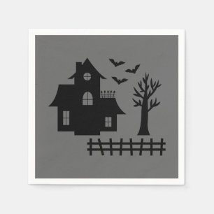 ハロウィン幽霊のよく出るハウスとこうもりと木の灰色 スタンダードカクテルナプキン