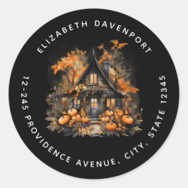 ハロウィン幽霊のよく出るハウスとカボチャの住所 ラウンドシール