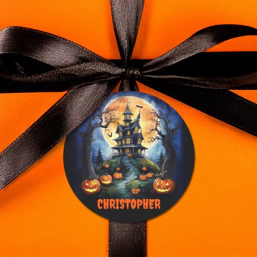 ハロウィン幽霊のよく出るハウスとカボチャ名 ラウンドシール