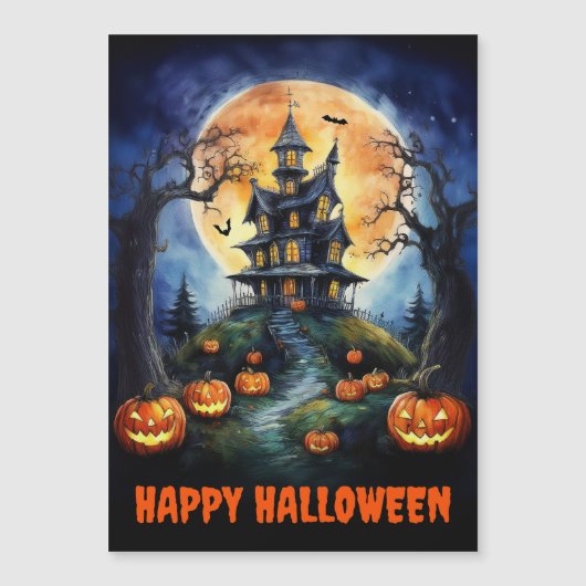 ハロウィン幽霊のよく出るハウスとカボチャ磁気カード (正面)