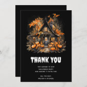 ハロウィン幽霊のよく出るハウスとカボチャ&リーフ サンキューカード (正面/裏面)