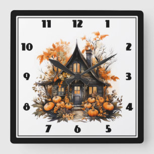 ハロウィン幽霊のよく出るハウスとカボチャ&リーフ スクエア壁時計