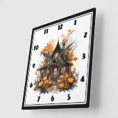 ハロウィン幽霊のよく出るハウスとカボチャ&リーフ スクエア壁時計 (傾斜)