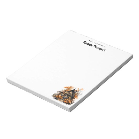 ハロウィン幽霊のよく出るハウスとカボチャ&リーフ ノートパッド (回転)