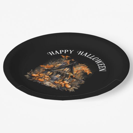 ハロウィン幽霊のよく出るハウスとカボチャ&リーフ ペーパープレート (アングル)