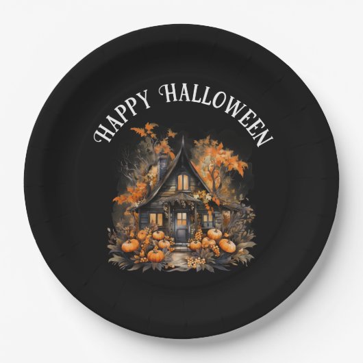 ハロウィン幽霊のよく出るハウスとカボチャ&リーフ ペーパープレート (正面)
