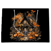 ハロウィン幽霊のよく出るハウスとカボチャ&リーフ ラージペーパーバッグ (正面)