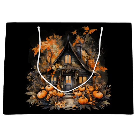 ハロウィン幽霊のよく出るハウスとカボチャ&リーフ ラージペーパーバッグ (正面)