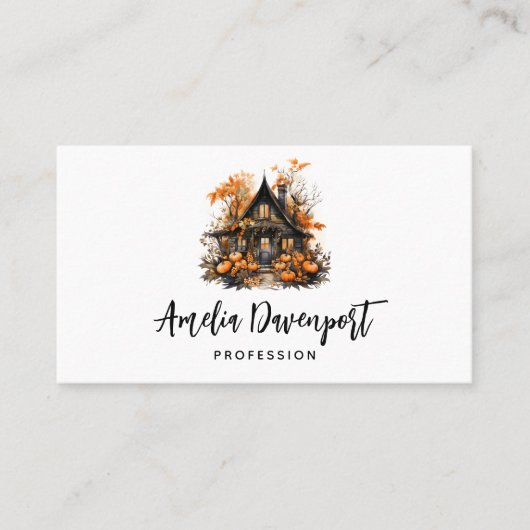 ハロウィン幽霊のよく出るハウスとカボチャ&リーフ 名刺 (正面)