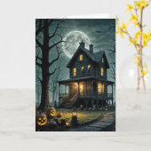 ハロウィン幽霊のよく出るハウスとジャックオランタン カード (黄色い花)