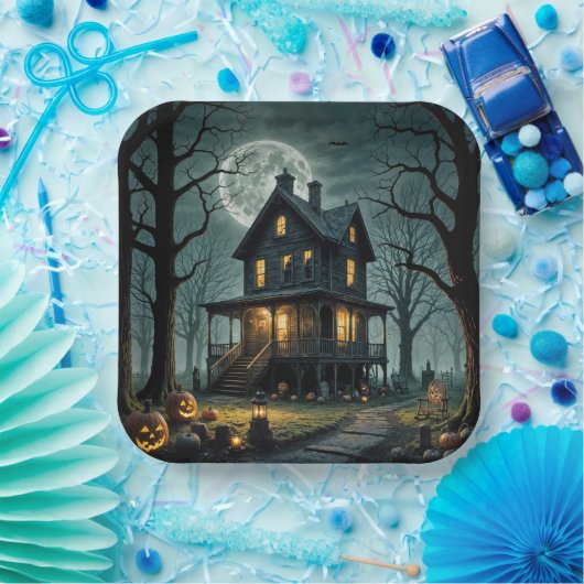 ハロウィン幽霊のよく出るハウスとジャックオランタン ペーパープレート (パーティー)