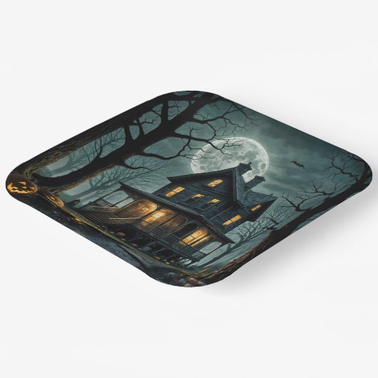 ハロウィン幽霊のよく出るハウスとジャックオランタン ペーパープレート (傾斜あり)