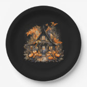 ハロウィン幽霊のよく出るハウスとパンプキンスブラック ペーパープレート (正面)