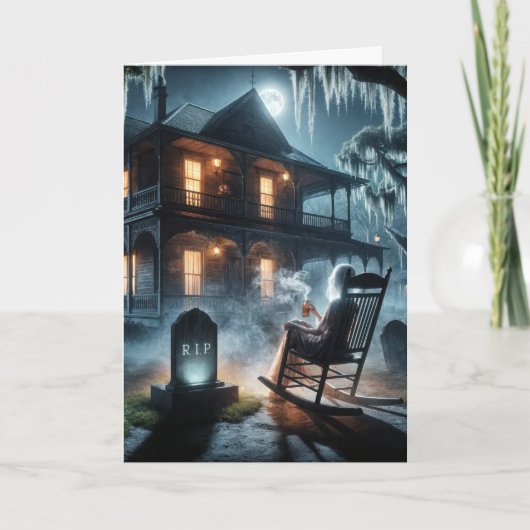 ハロウィン幽霊のよく出るハウスと墓石 カード (正面)