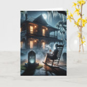 ハロウィン幽霊のよく出るハウスと墓石 カード (黄色い花)