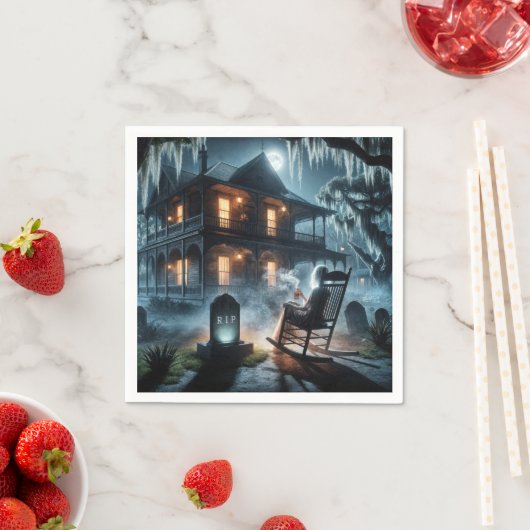 ハロウィン幽霊のよく出るハウスと墓石 スタンダードカクテルナプキン (インサイチュ)