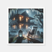 ハロウィン幽霊のよく出るハウスと墓石 スタンダードカクテルナプキン (正面)