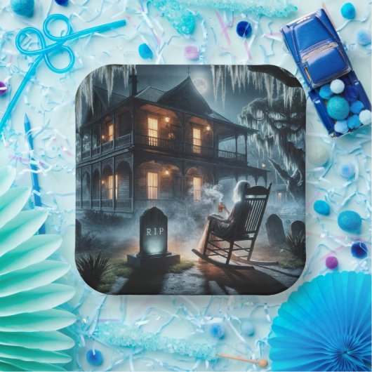 ハロウィン幽霊のよく出るハウスと墓石 ペーパープレート (パーティー)