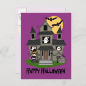 ハロウィン幽霊のよく出るハウスと小さな魔女パープル ポストカード (正面/裏面)