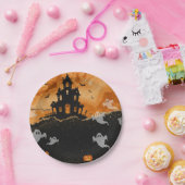 ハロウィン幽霊のよく出るハウスオレンジ金ゴールドグリッター ペーパープレート (パーティー)