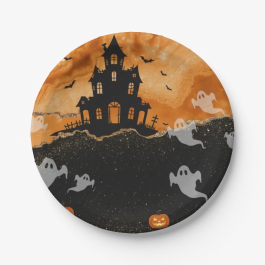 ハロウィン幽霊のよく出るハウスオレンジ金ゴールドグリッター ペーパープレート (正面)