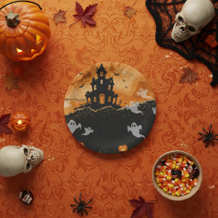 ハロウィン幽霊のよく出るハウスオレンジ金ゴールドグリッター ペーパープレート