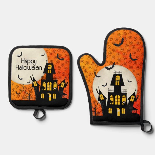 ハロウィン幽霊のよく出るハウスフルムーンこうもり猫 鍋つかみ&鍋敷きセット (正面)