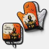 ハロウィン幽霊のよく出るハウスフルムーンこうもり猫 鍋つかみ&鍋敷きセット (正面/裏面)