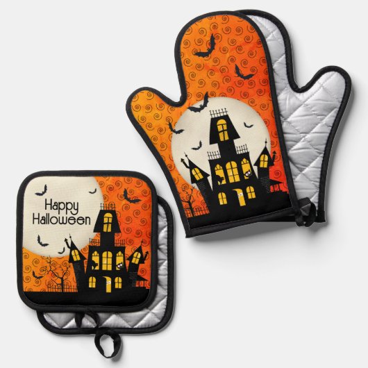 ハロウィン幽霊のよく出るハウスフルムーンこうもり猫 鍋つかみ&鍋敷きセット (正面/裏面)