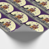 ハロウィン幽霊のよく出るハウスブラックこうもりフルムーンパープル ラッピングペーパー (角)