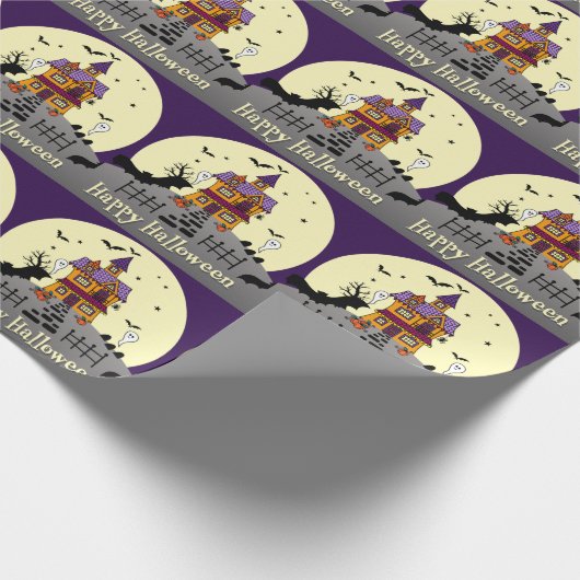 ハロウィン幽霊のよく出るハウスブラックこうもりフルムーンパープル ラッピングペーパー (角)