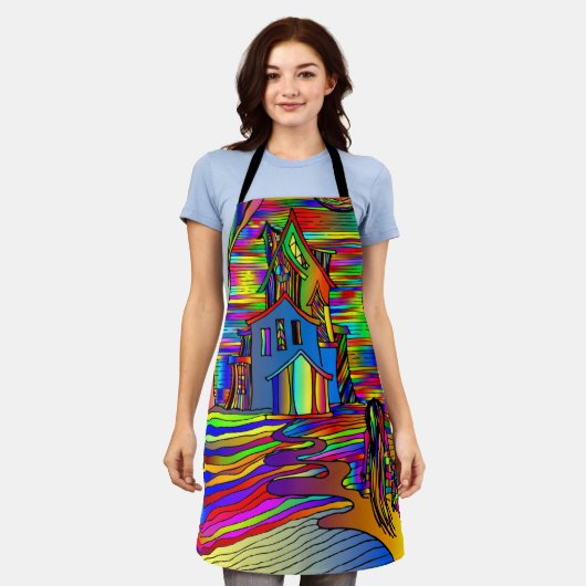 ハロウィン幽霊のよく出るハウスホラーカラフル抽象芸術 エプロン (着用した状態)