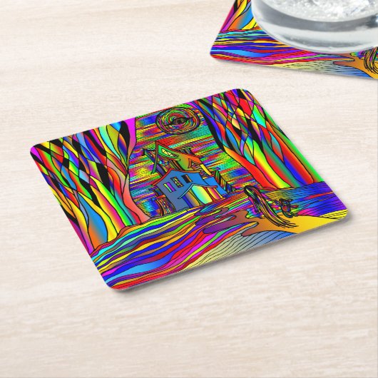 ハロウィン幽霊のよく出るハウスホラーカラフル抽象芸術 スクエアペーパーコースター (アングル)