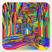 ハロウィン幽霊のよく出るハウスホラーカラフル抽象芸術 スクエアペーパーコースター (正面)