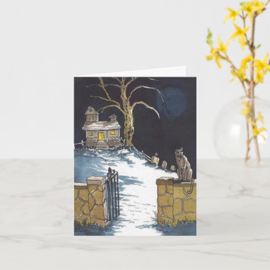 ハロウィン幽霊のよく出るハウス怖い猫カード カード (黄色い花)