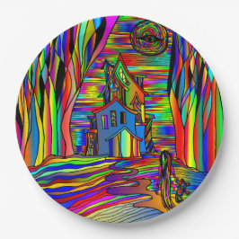ハロウィン幽霊のよく出るハウス抽象芸術カラフル9" ペーパープレート