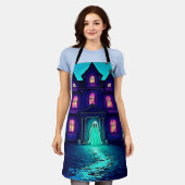 ハロウィン幽霊のよく出る幽霊ハウスデザイン エプロン (着用した状態)