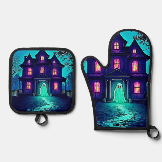 ハロウィン幽霊のよく出る幽霊ハウスデザイン 鍋つかみ&鍋敷きセット (正面)