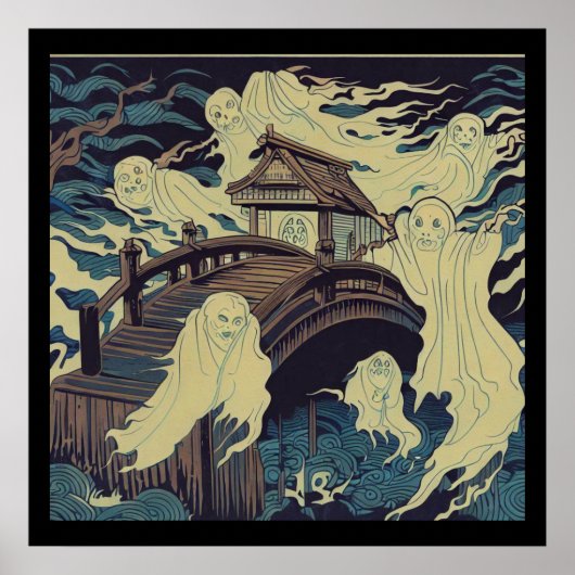 ハロウィン幽霊のよく出る- Bridge Woodcut 4 ポスター (正面)