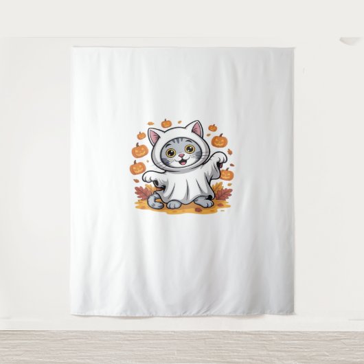 ハロウィン幽霊の服を着たクラシック子猫 –  タペストリー (正面)